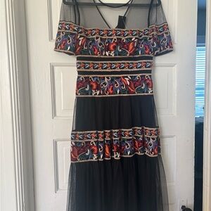 BCBGMaxAzria Black and Multicolor Embroidered Midi Dress